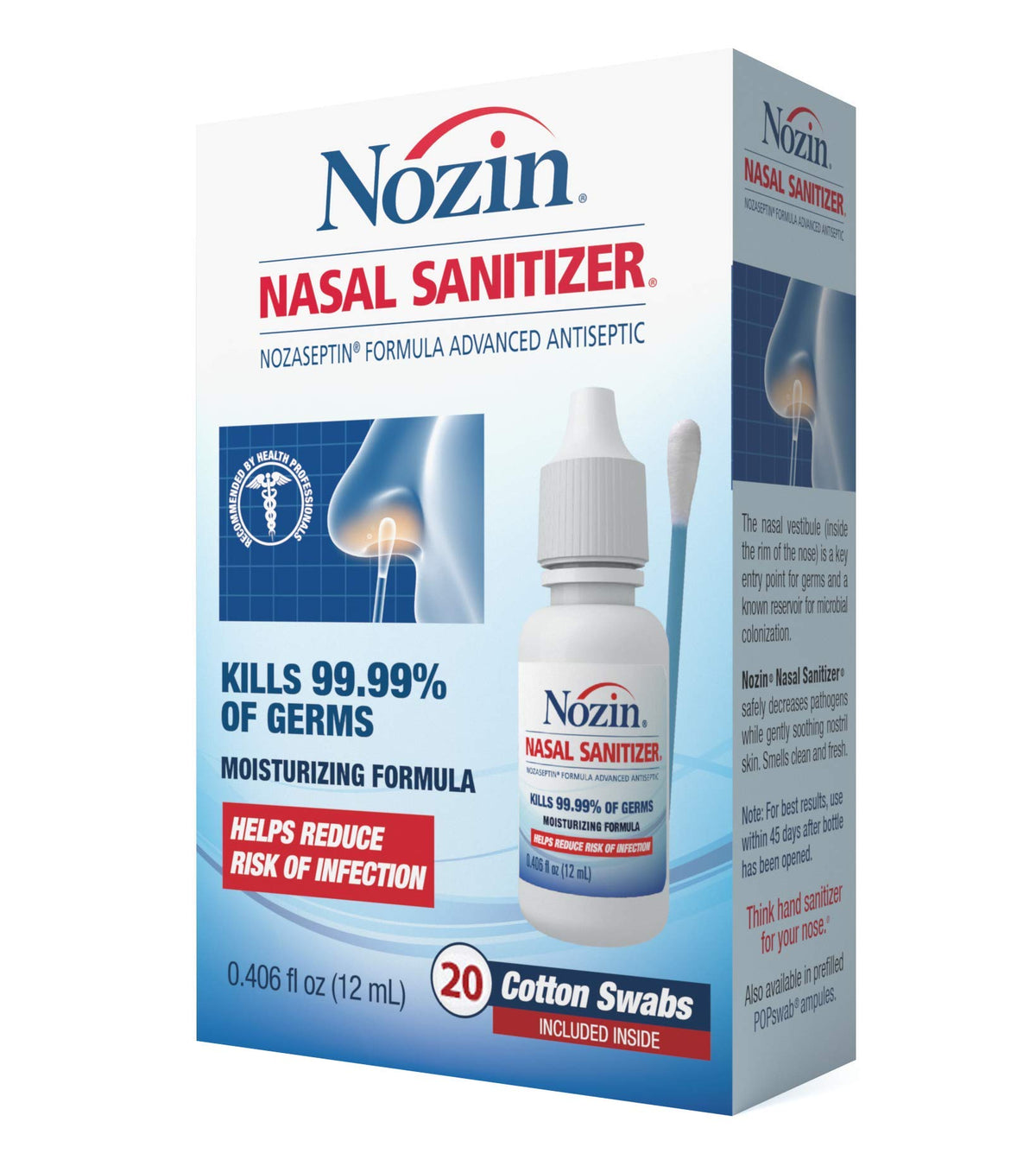 Nozin sanitizador nasal: botella de 12 ml para uso diario.