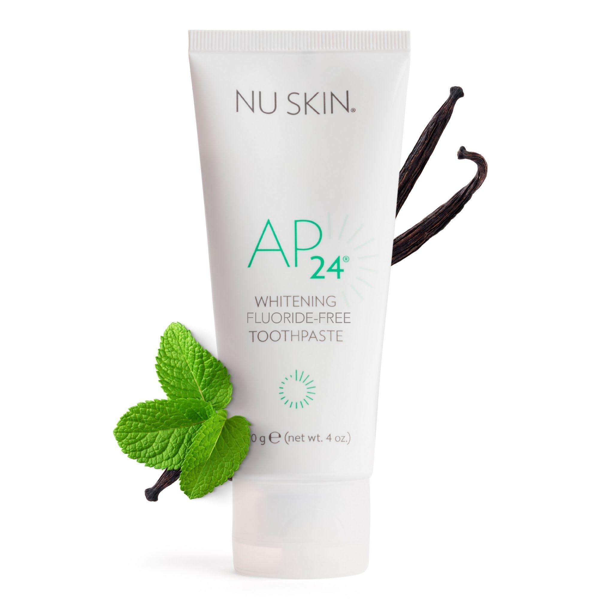 Pasta dental Nu Skin AP24 en tubo, blanqueamiento suave sin fluoruro.