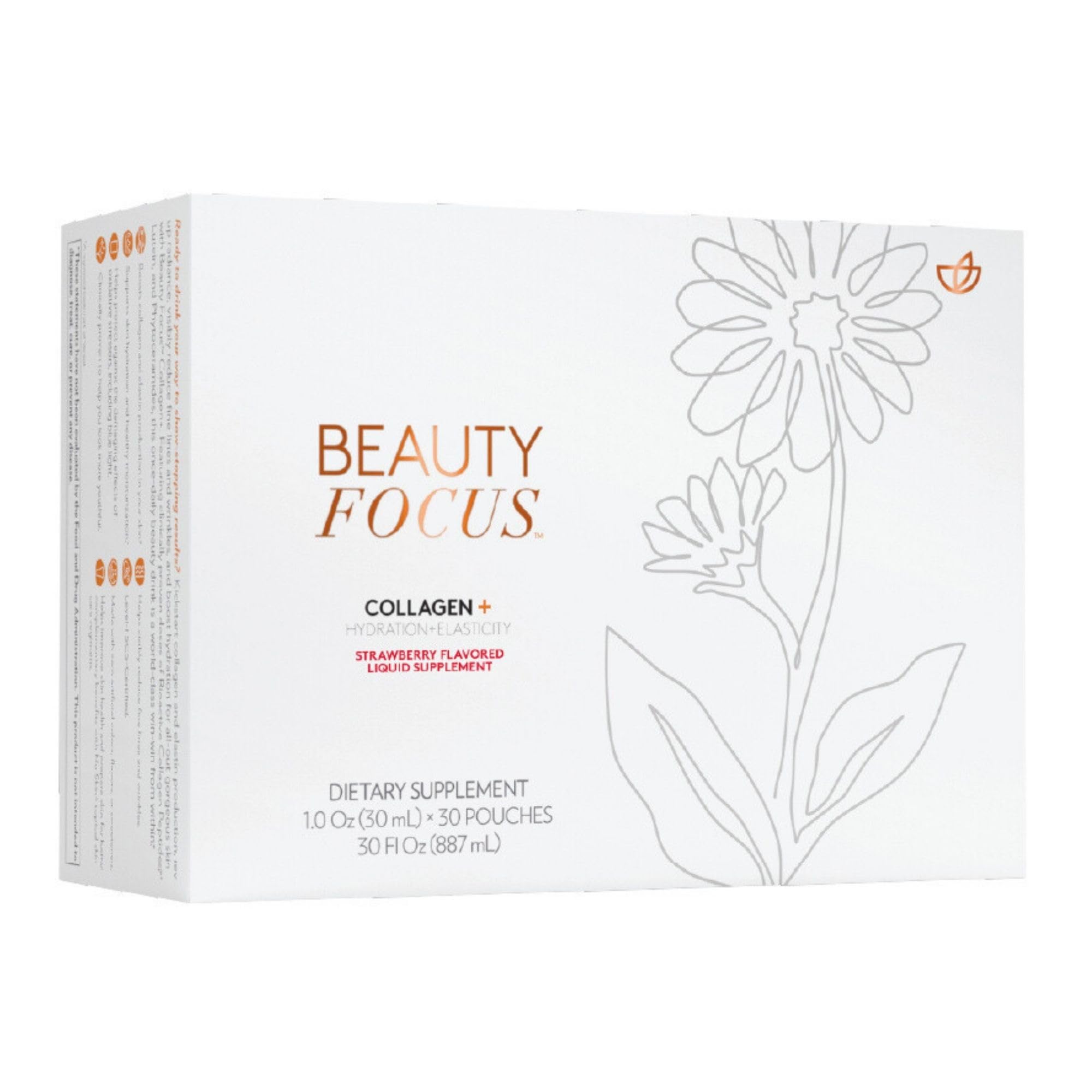 Nu Skin Beauty Focus Collagen+ verter la botella para hidratación y elasticidad de la piel.