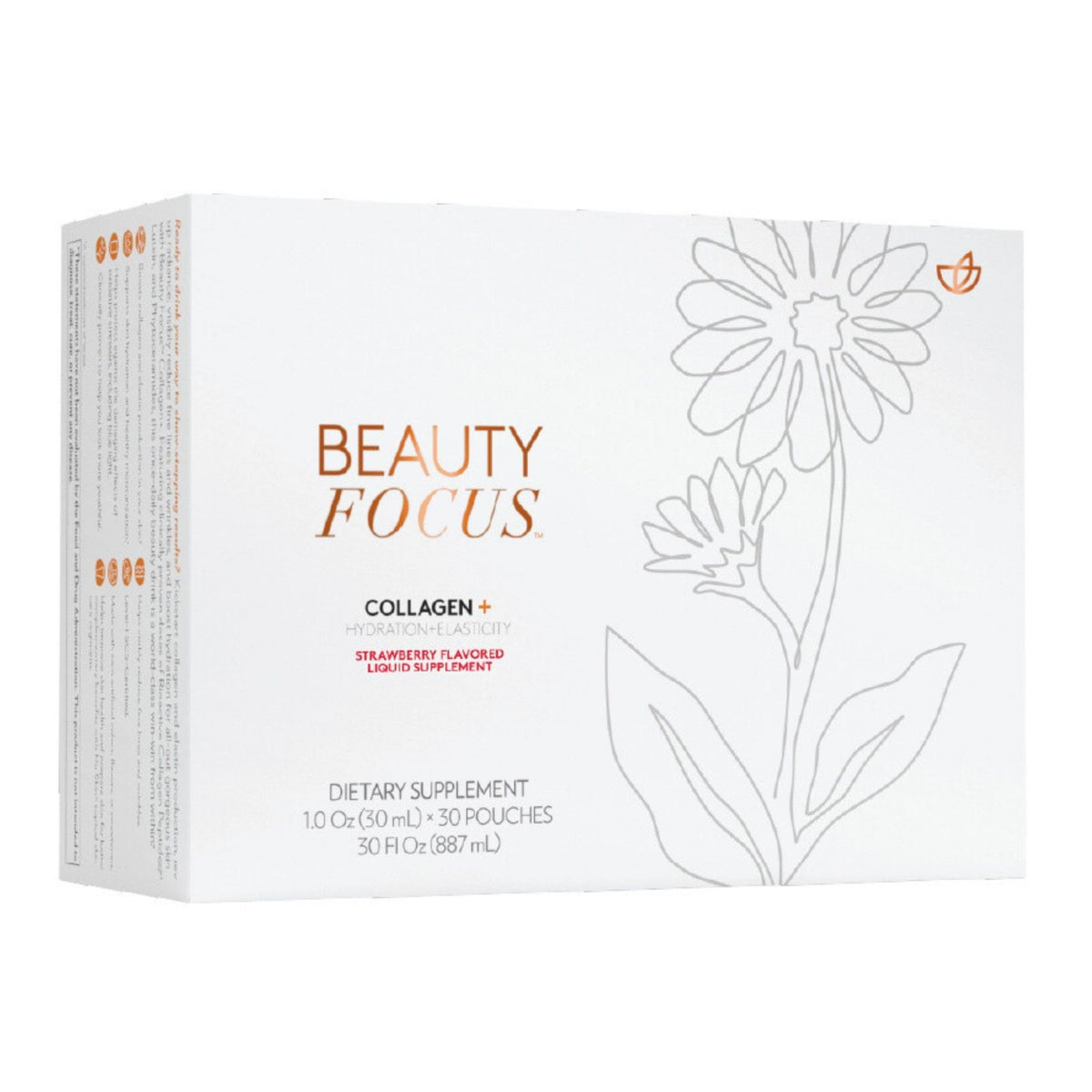 Nu Skin Beauty Focus Collagen+ verter la botella para hidratación y elasticidad de la piel.