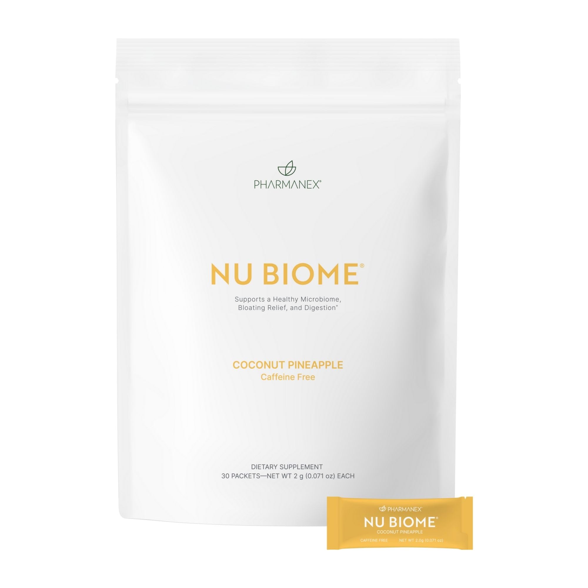Nu Skin Nu Biome sobres sabor coco piña, opción sin cafeína para uso diario.