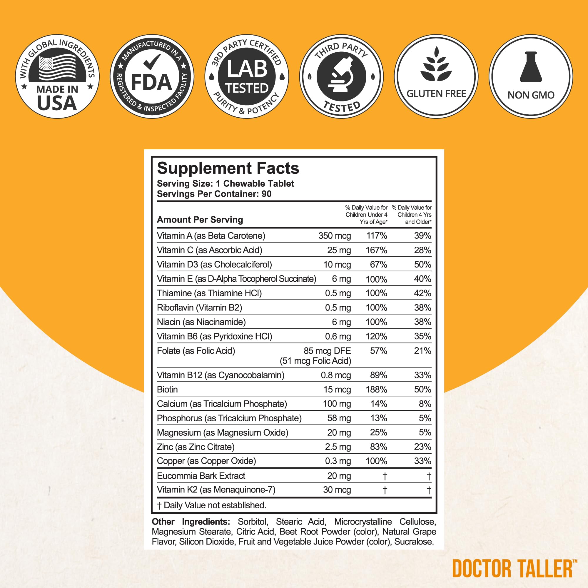 NuBest Doctor Taller Kids: tabletas masticables en mano muestran tamaño y textura fáciles de masticar.