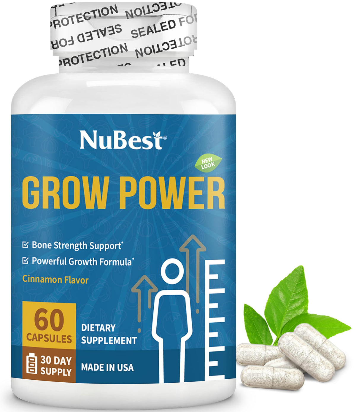 NuBest Grow Power: cápsulas en botella para apoyar huesos fuertes y crecimiento saludable.