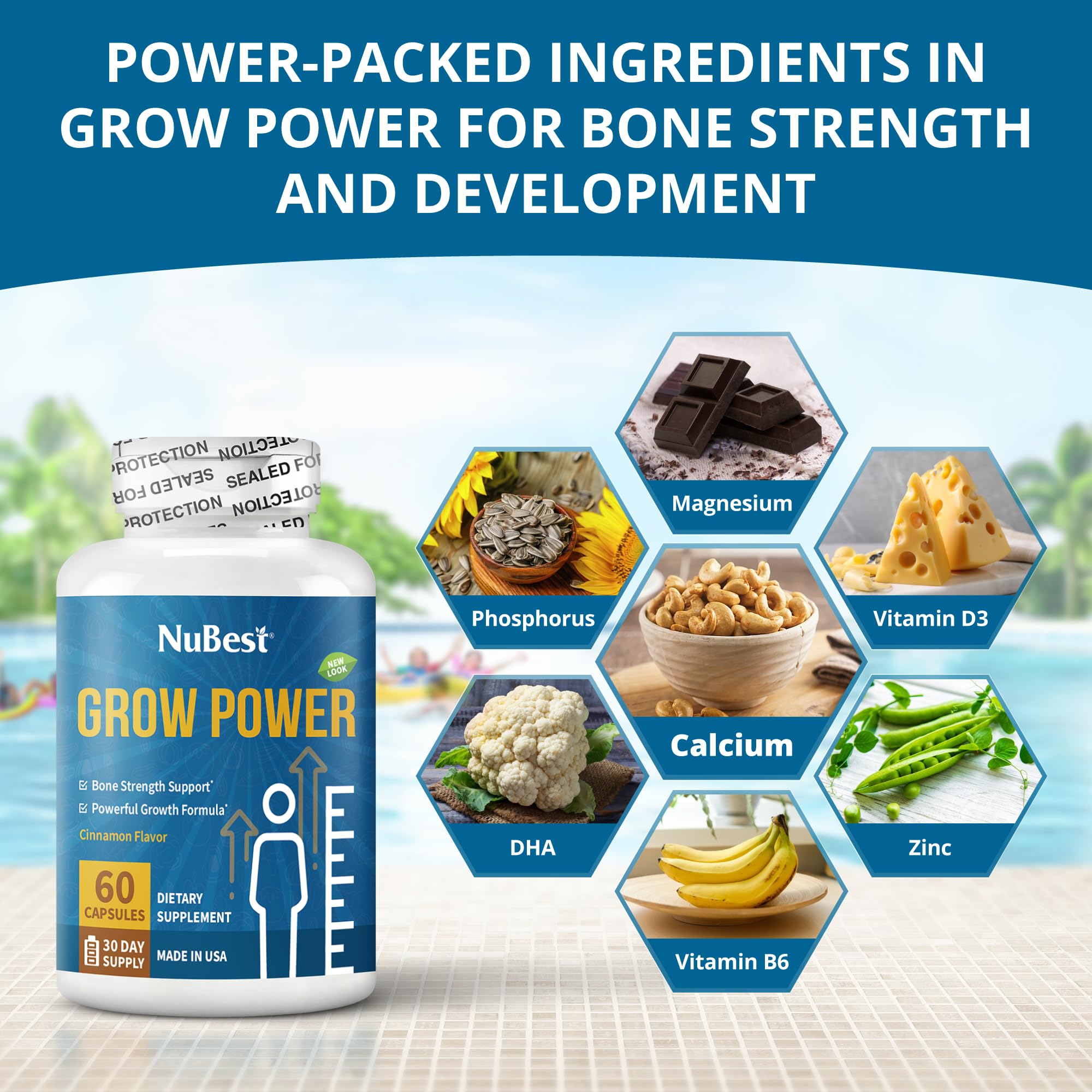 NuBest Grow Power: cápsulas con calcio y vitamina D3 para densidad ósea potencial.