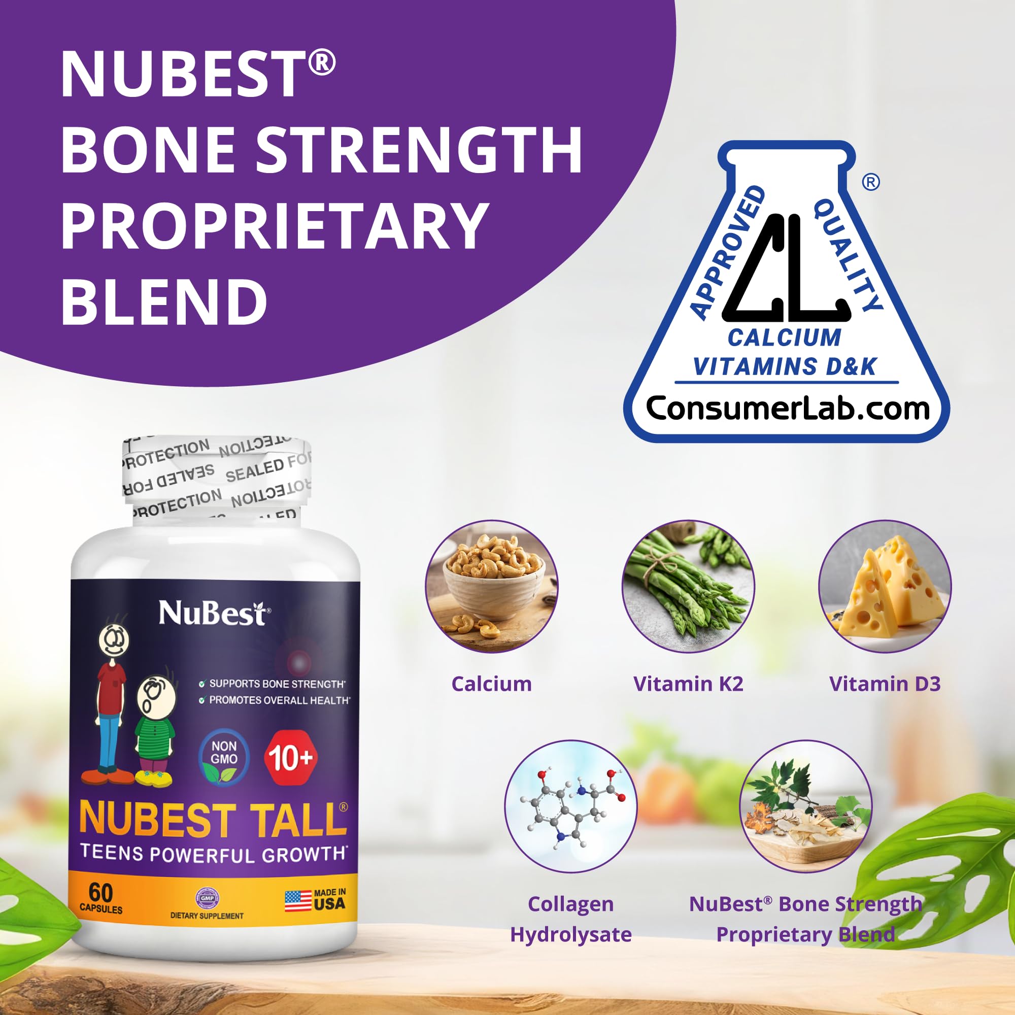 NuBest Tall 10+ etiqueta-frontal muestra fórmula de calcio, D3 y K2 para absorción