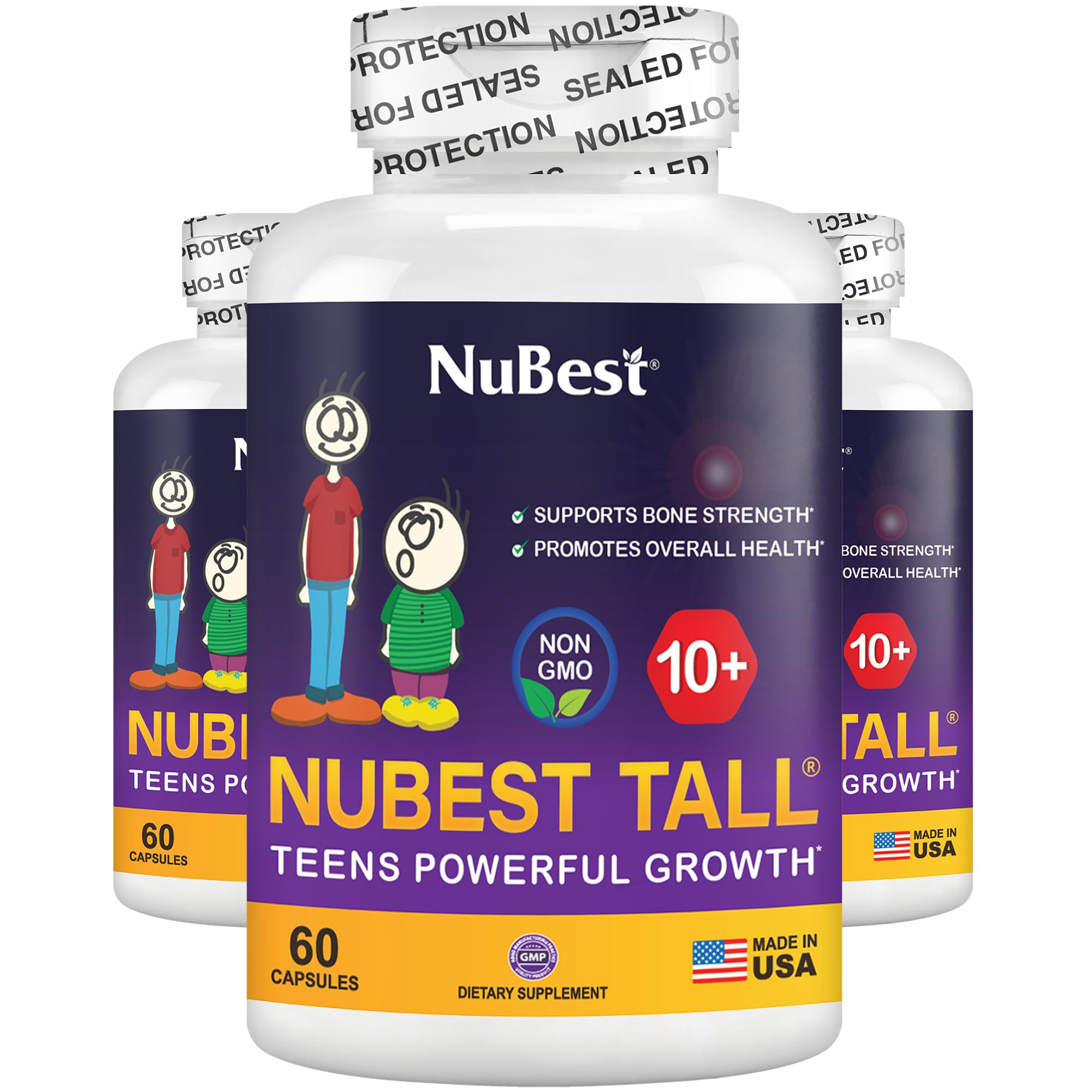 NuBest Tall 10+ botella frontal, posible apoyo al desarrollo óseo en jóvenes.