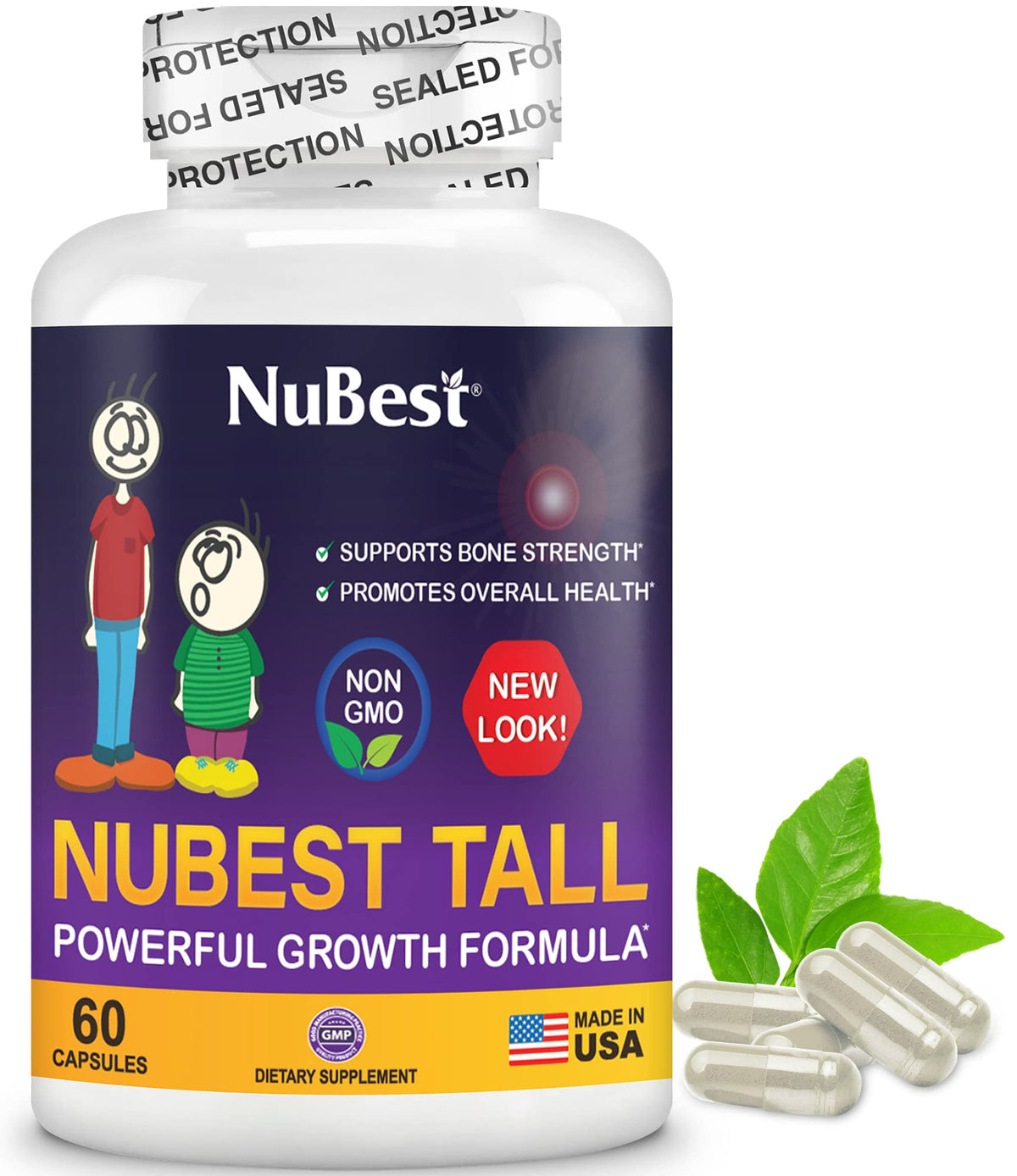 NuBest Tall: botella de cápsulas para fortalecer huesos y desarrollo saludable.