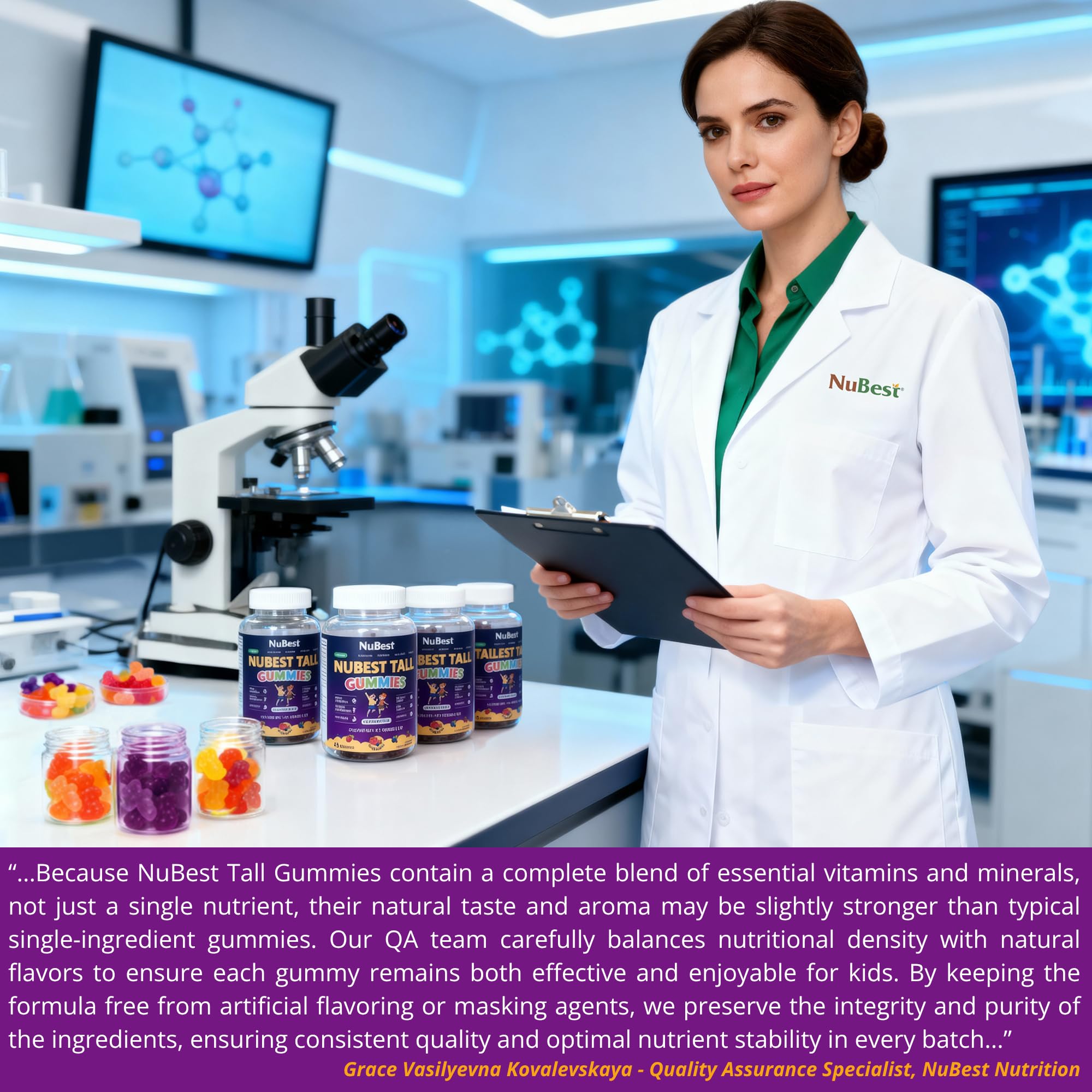 Niño tomando NuBest Tall Gummies como snack nutritivo para crecimiento.