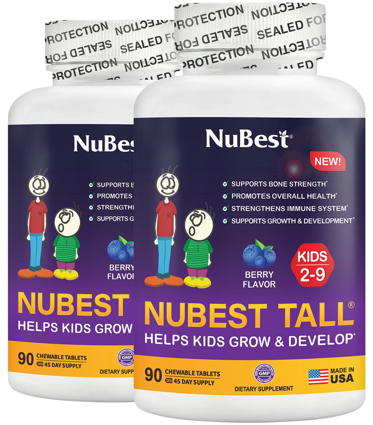 NuBest Tall Kids, botella con tabletas sabor frambuesa para apoyo nutricional diario.