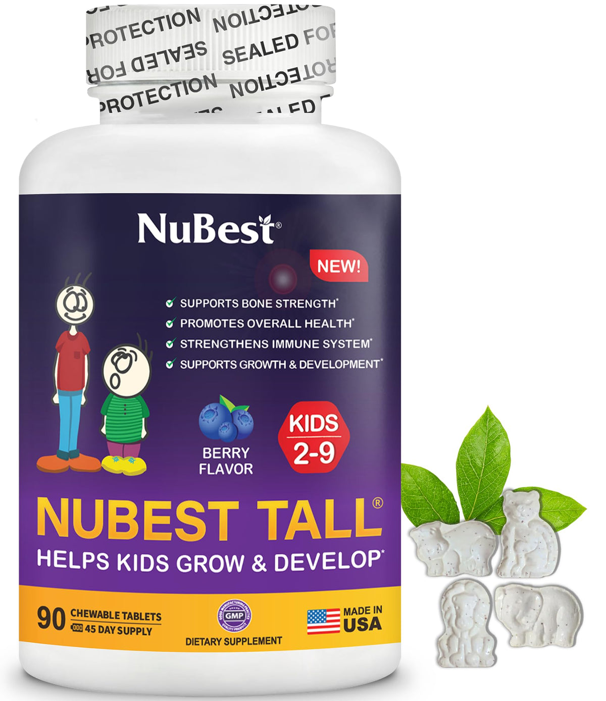NuBest Tall Kids tabletas masticables sabor bayas para apoyo diario de energía y nutrición