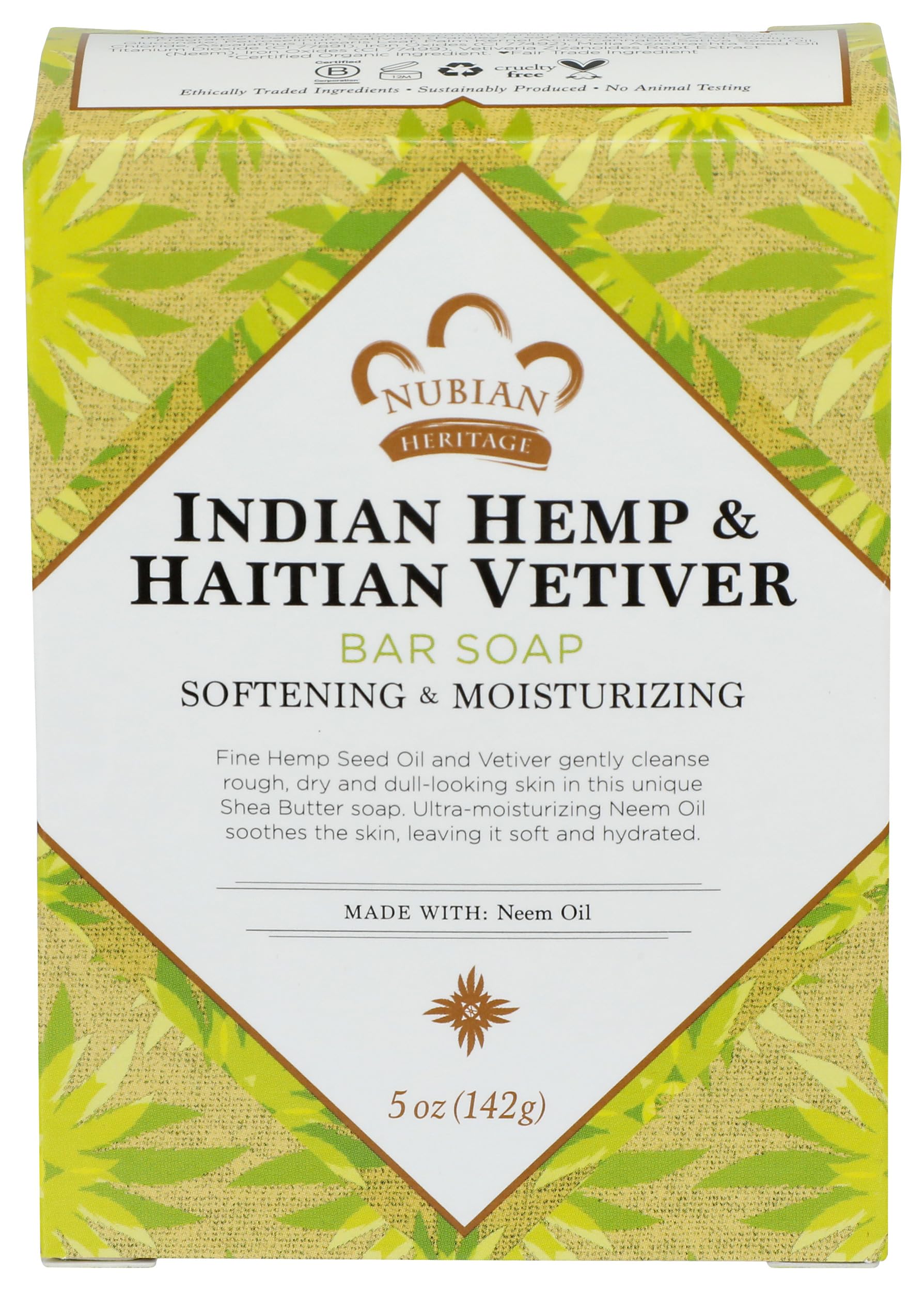 Jabón Nubian Heritage cáñamo indio: empaque elegante para baño diario.