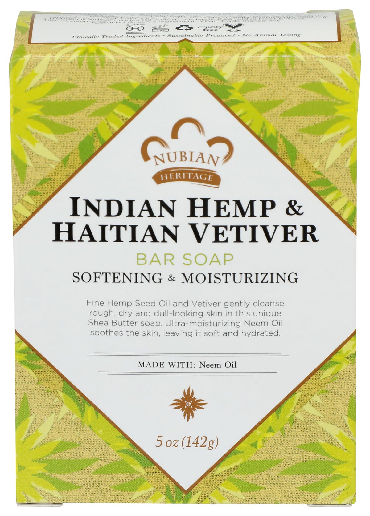 Jabón Nubian Heritage cáñamo indio: empaque elegante para baño diario.