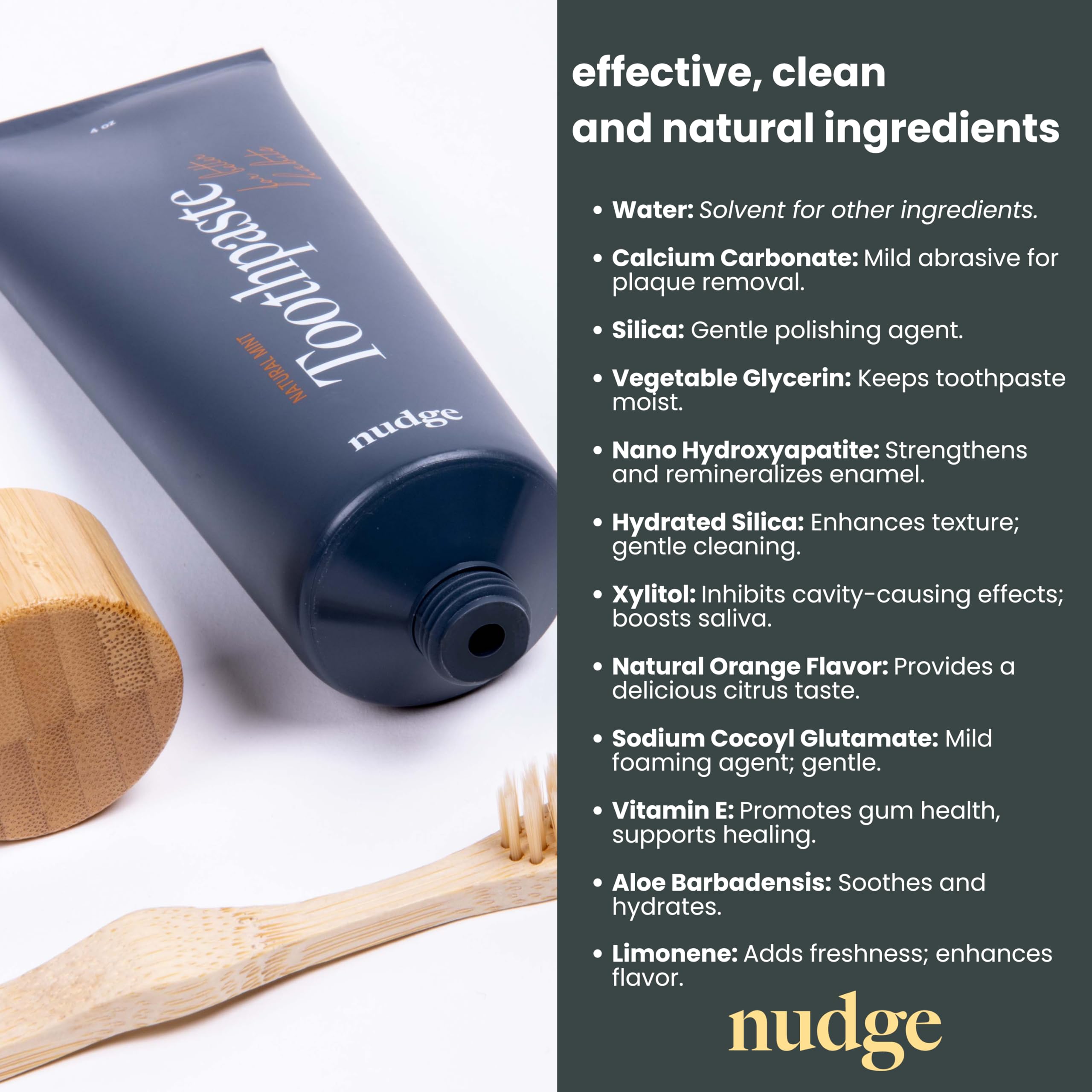 Pasta dental Nudge aroma naranja para una experiencia fresca sin sabor mentolado.