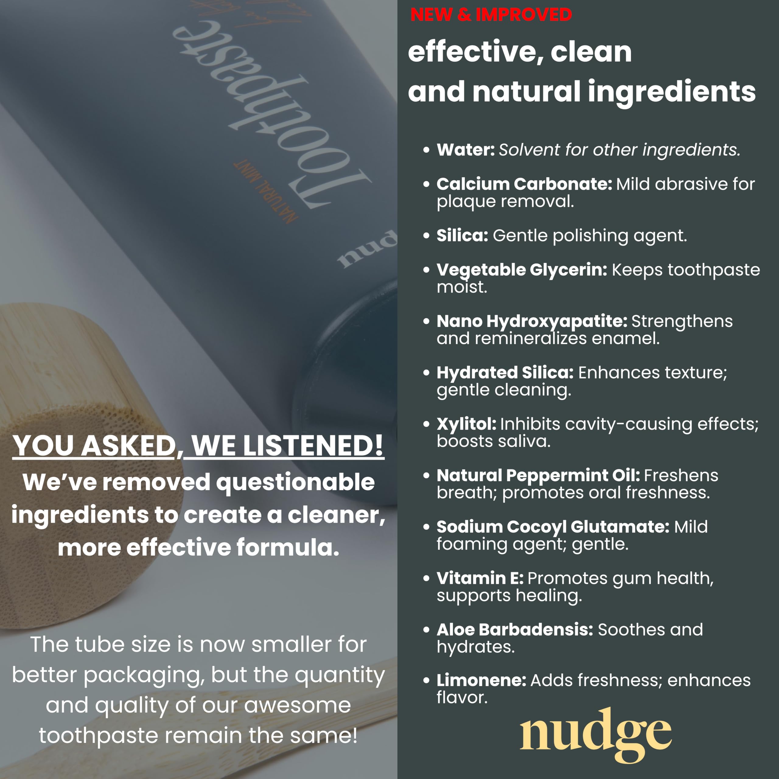 Nudge pasta de dientes, tubo visto de cerca, limpieza suave para el esmalte.