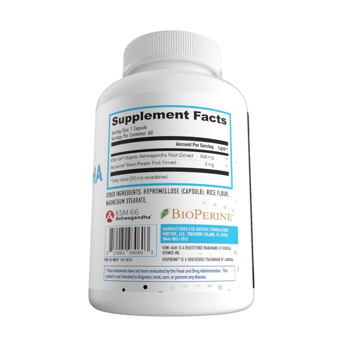 Etiqueta de NuEthix Ashwagandha KSM66 mostrando pureza y ingredientes