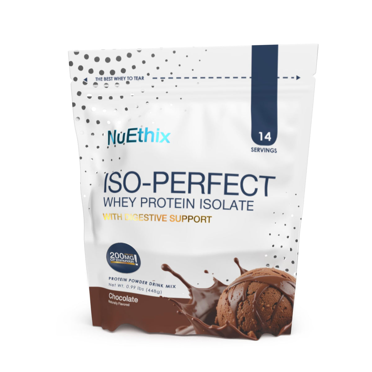 NuEthix Formulations ISO-Perfect Digestivo Chocolate, empaque práctico para consumo diario