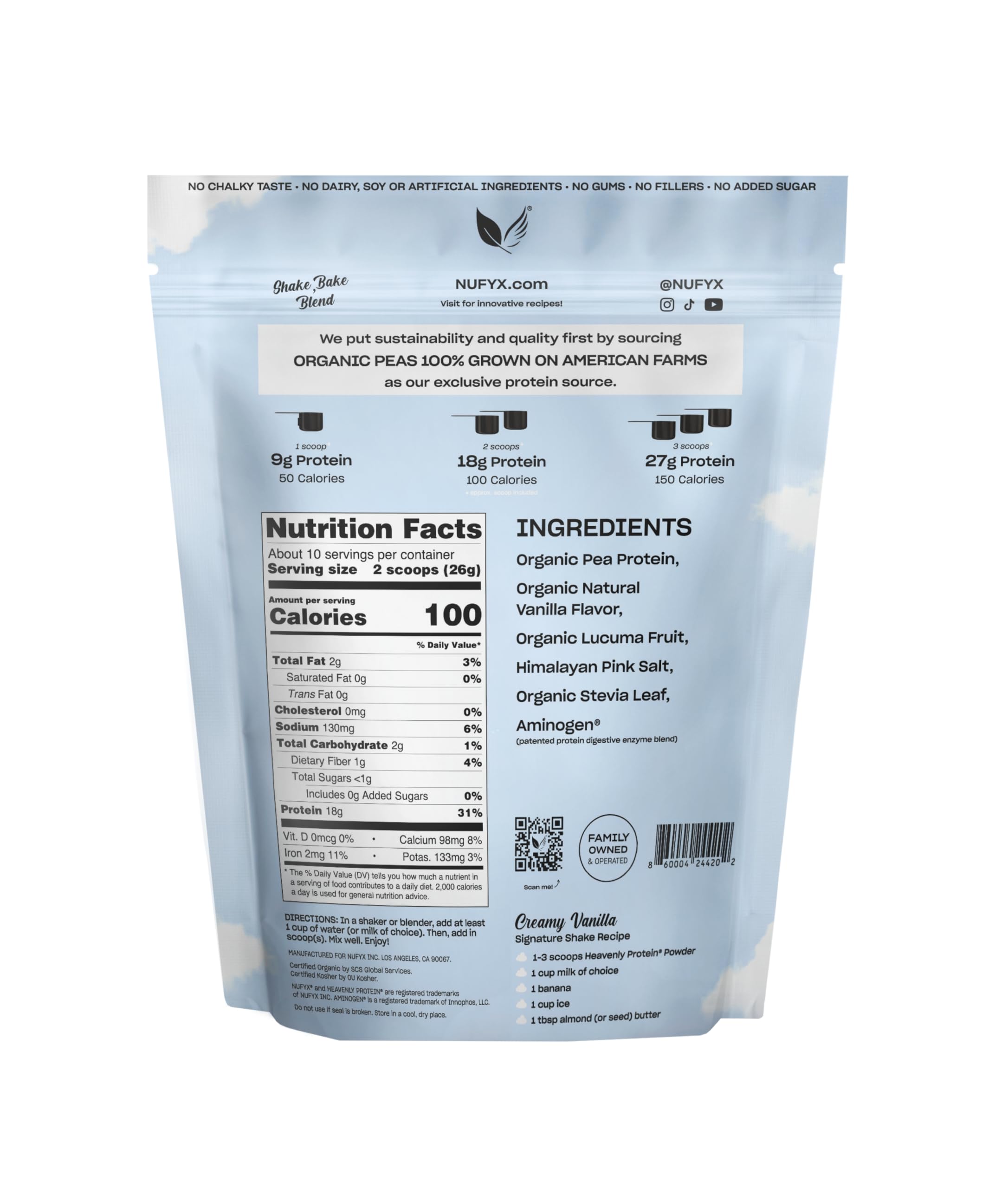 NUFYX Heavenly Protein Powder, etiqueta orgánica que resalta ingredientes vegetales y pureza