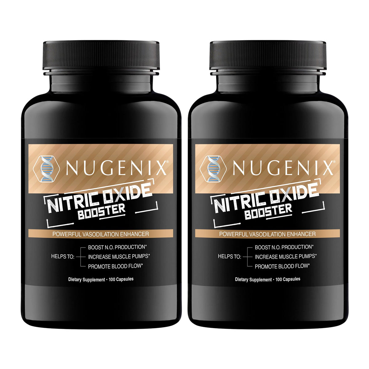 Nugenix Potenciador de Óxido Nítrico: botella vertiendo, posible apoyo al flujo sanguíneo durante el entrenamiento.