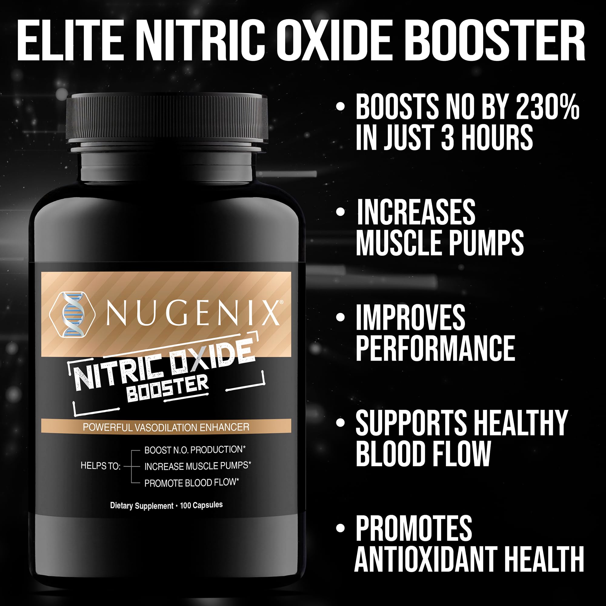 Nugenix Potenciador de Óxido Nítrico: etiqueta frontal, indica ingredientes clave y uso recomendado.