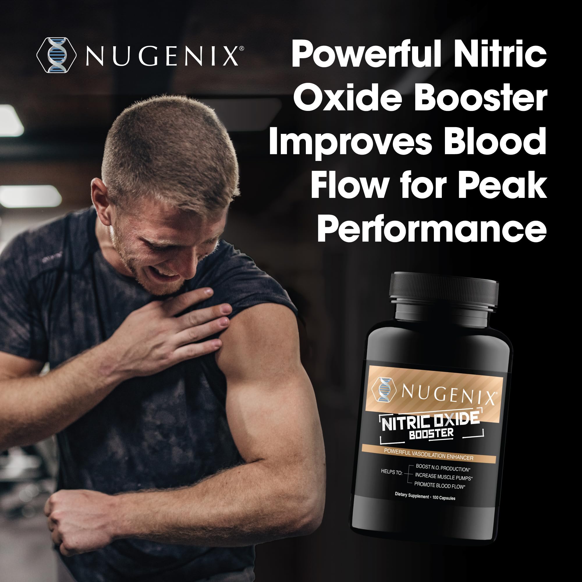 Nugenix Nitric Oxide, escena de gimnasio durante entrenamiento intenso