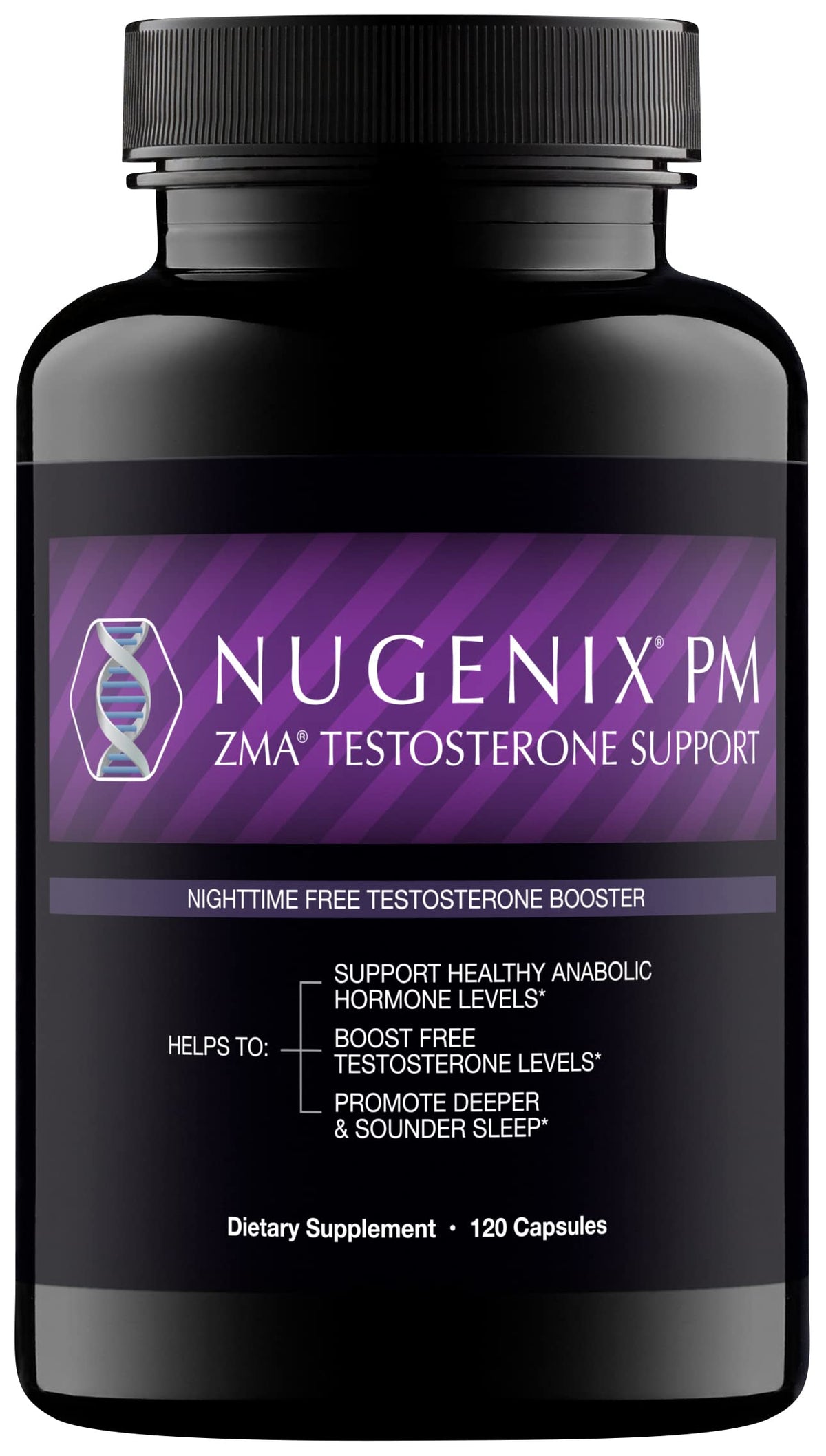 Nugenix PM ZMA, botella frontal, posible apoyo para un sueño reparador.