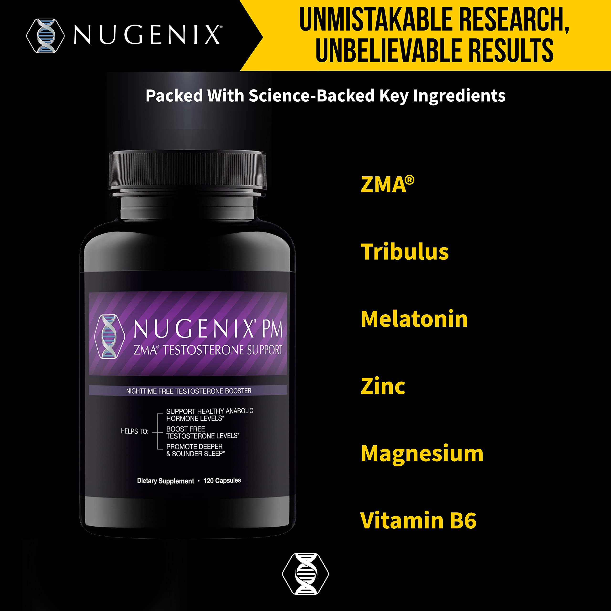 Nugenix PM ZMA, botella en mesa de noche, ideal para rutina nocturna.