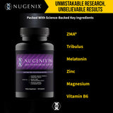 Nugenix PM ZMA, botella en mesa de noche, ideal para rutina nocturna.