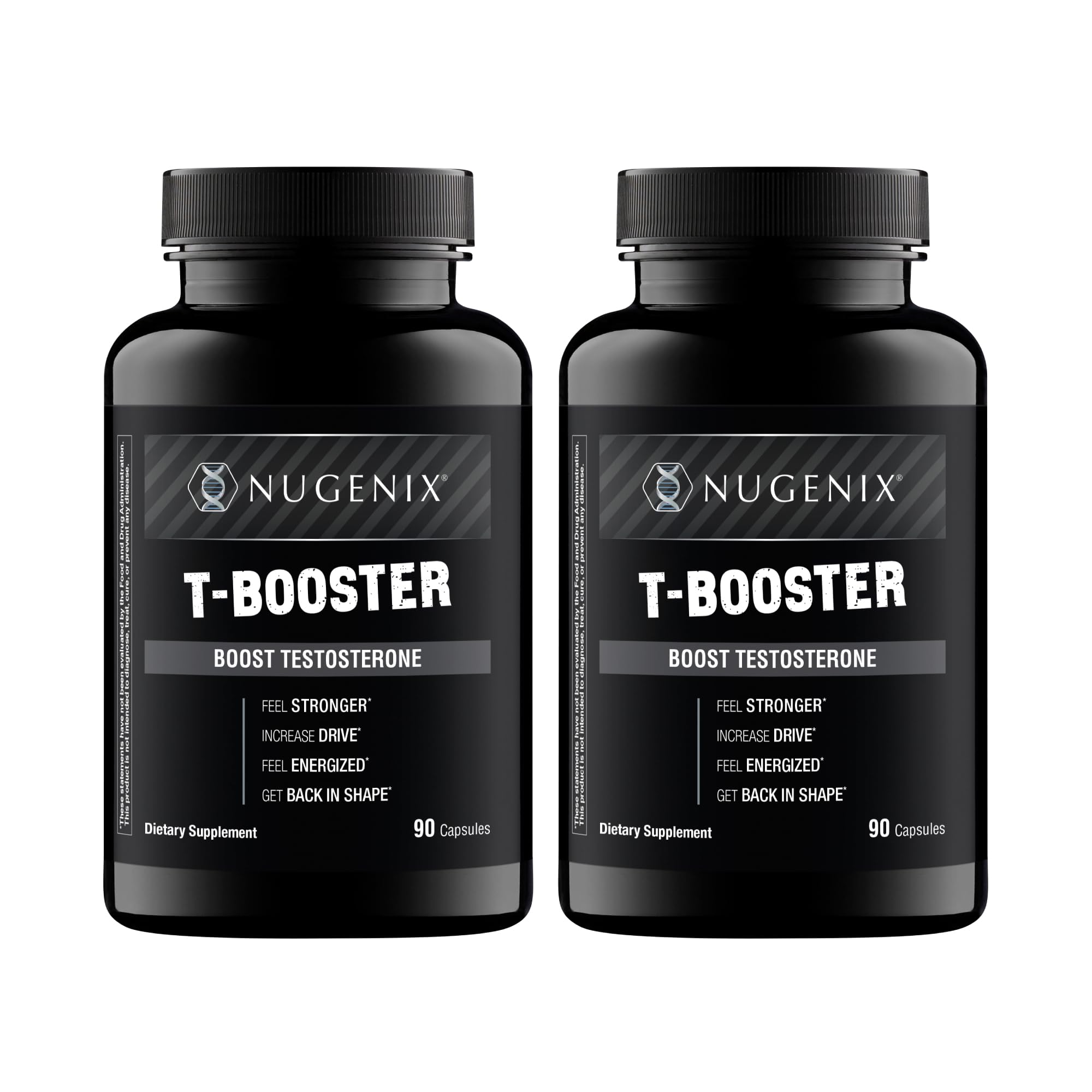 Nugenix T Booster, botella visible para energía diaria y rendimiento.