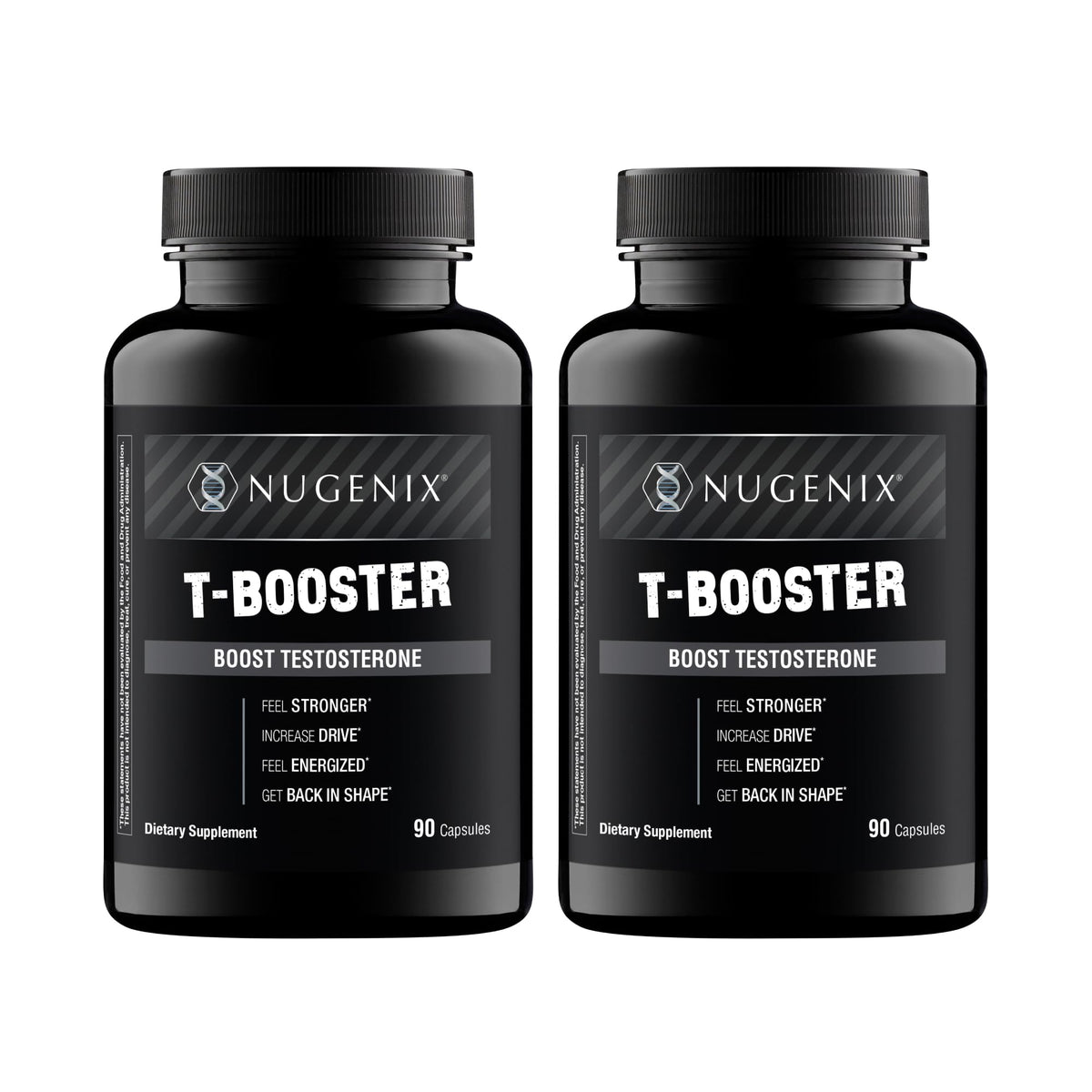 Nugenix T Booster, botella visible para energía diaria y rendimiento.