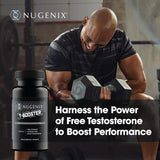Nugenix T Booster, etiqueta destacando ingredientes clave para equilibrio hormonal.