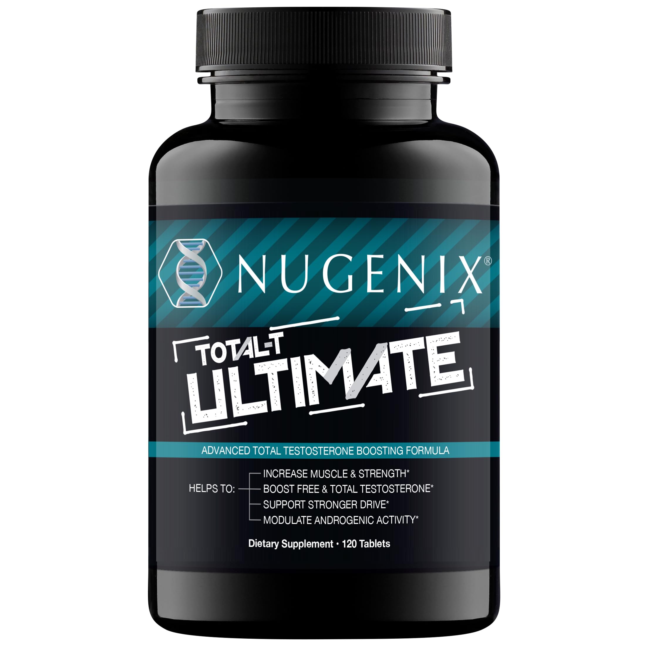 Nugenix Total-T Ultimate, botella frontal; posible apoyo a la vitalidad diaria.