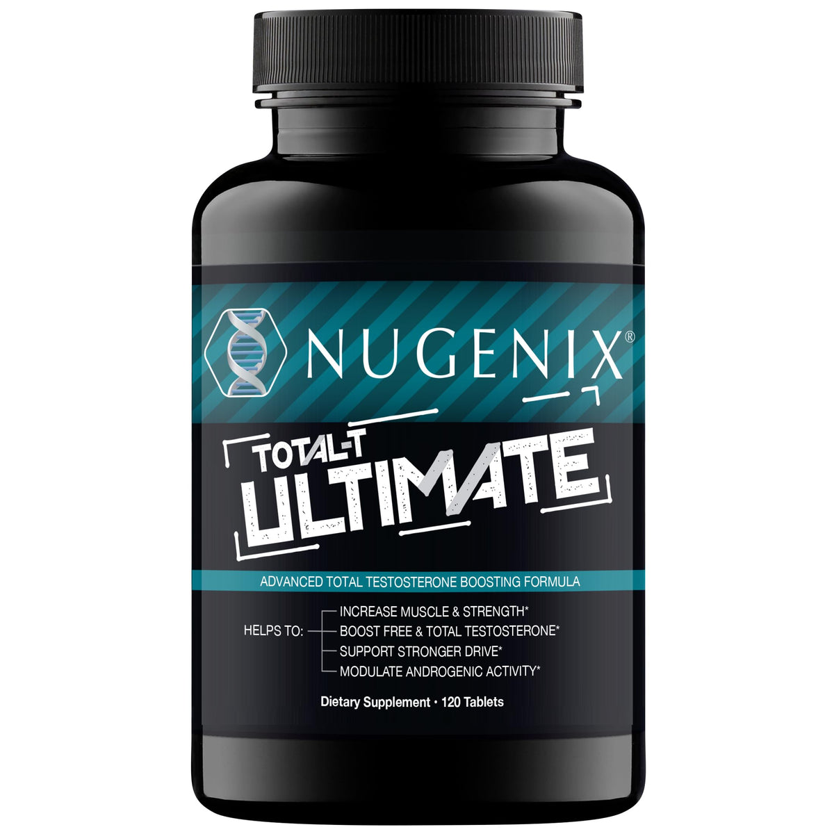 Nugenix Total-T Ultimate, botella frontal; posible apoyo a la vitalidad diaria.