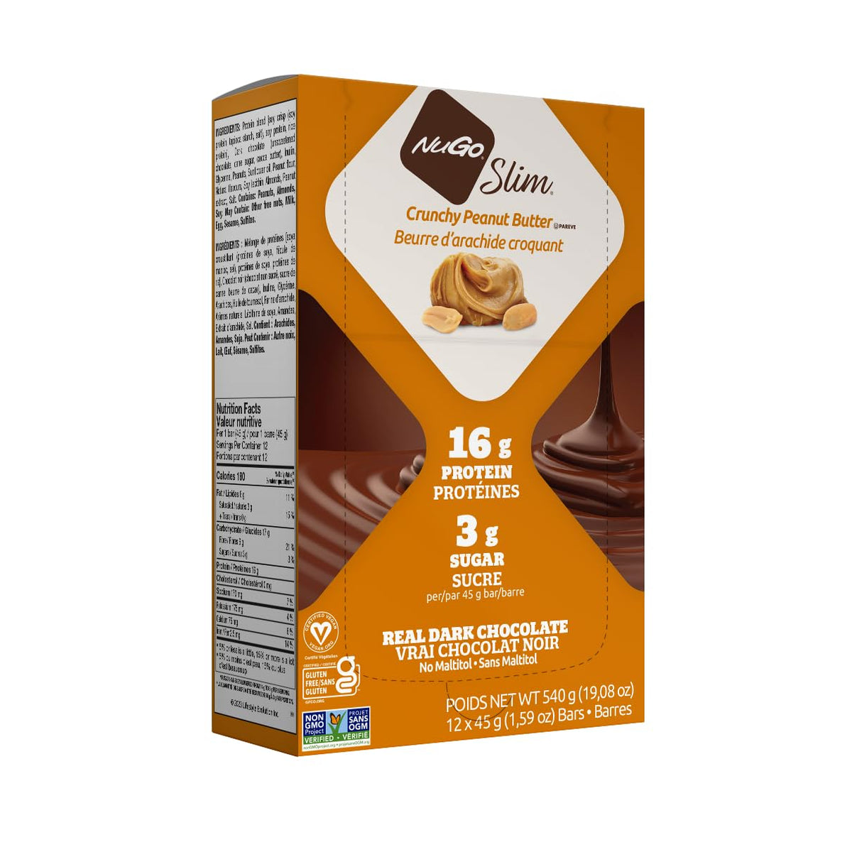 NuGo barra crujiente de mantequilla de maní, paquete de 12 para llevar.