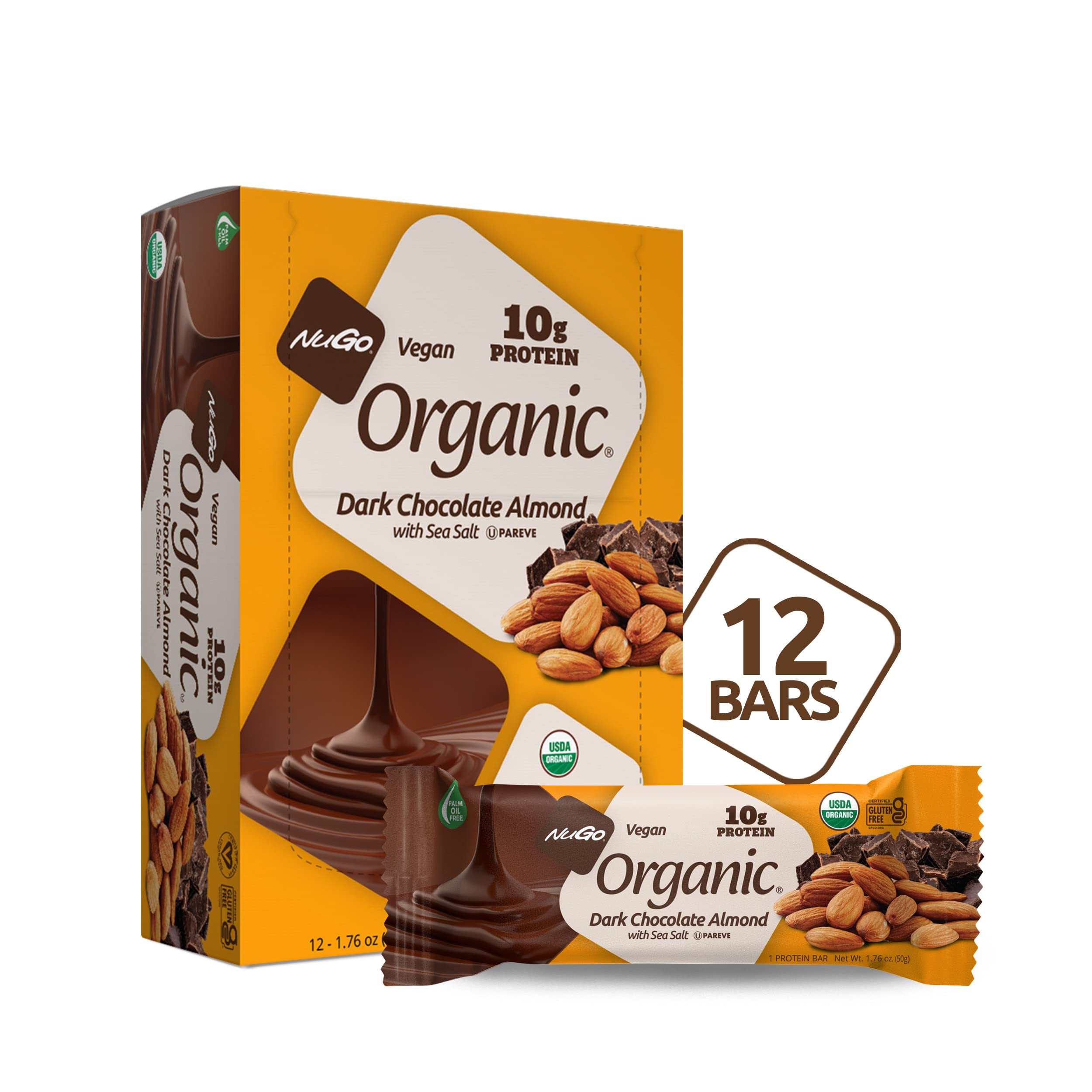 NuGo Organic barra de chocolate negro con almendras, snack vegano para energía diaria
