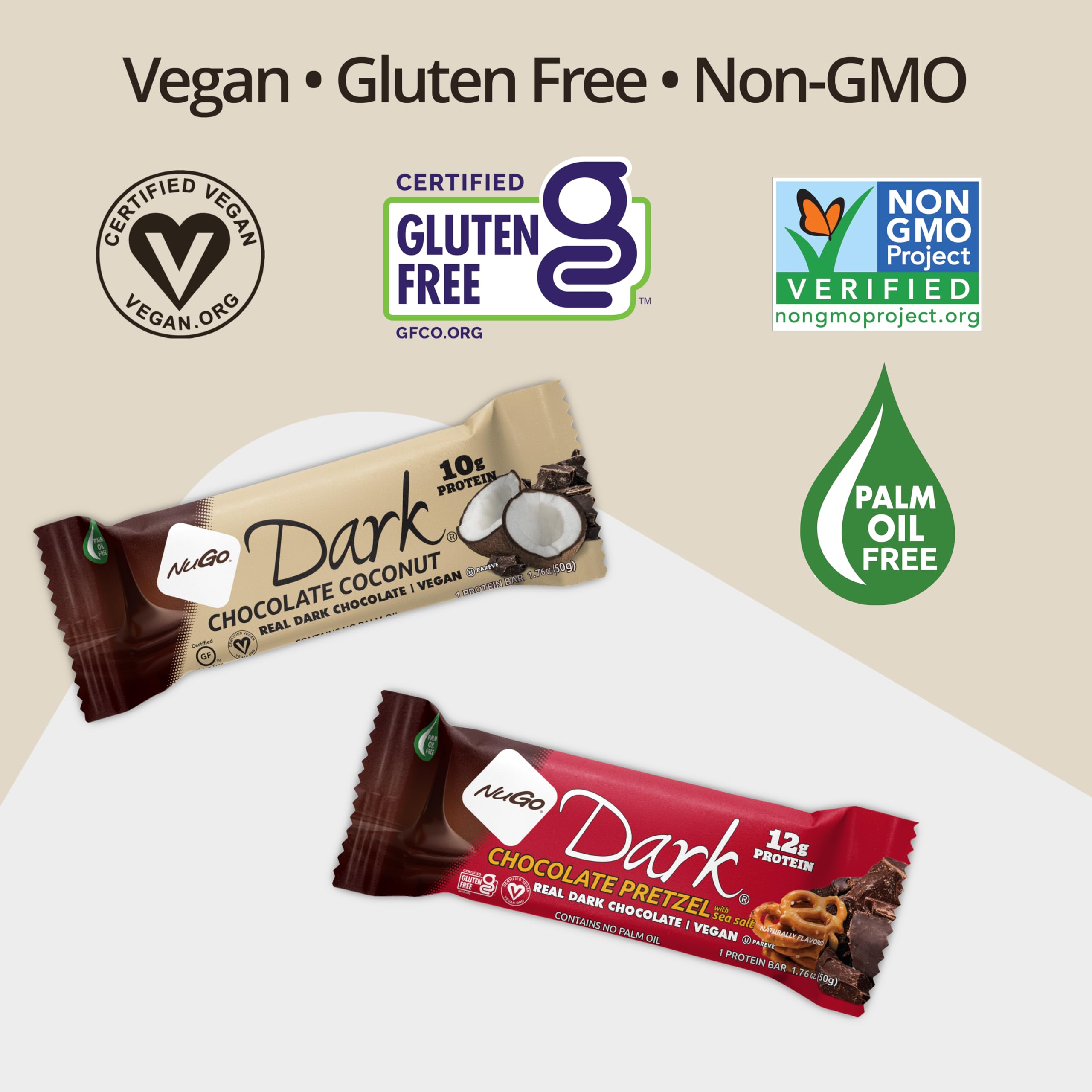 Etiqueta vegana de NuGo Dark Chocolate Mint Bar, snack apto para dietas basadas en plantas
