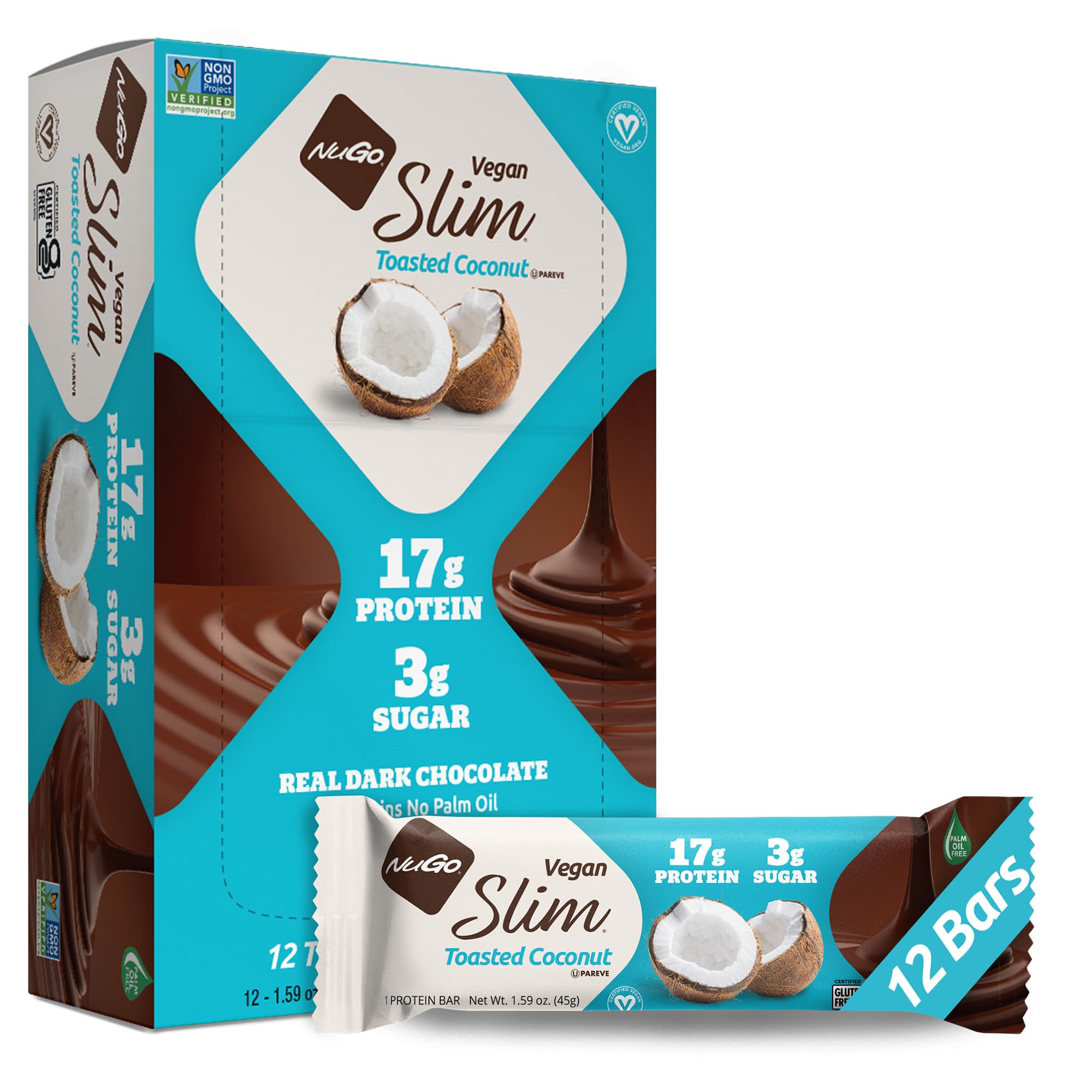NuGo Slim barra chocolate oscuro con coco tostado, snack proteico delicioso