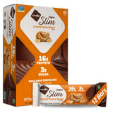 NuGo Slim barra chocolate oscuro con maní crujiente, snack proteico real y bajo azúcar.