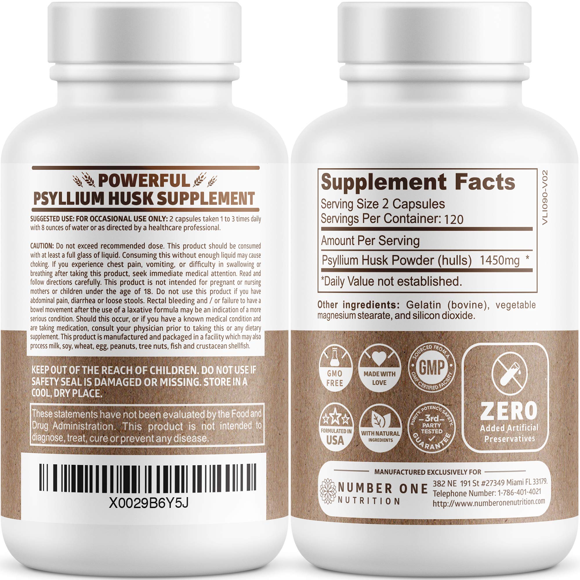 Number One Nutrition N1N cápsulas de psilio, primer plano, uso diario suave