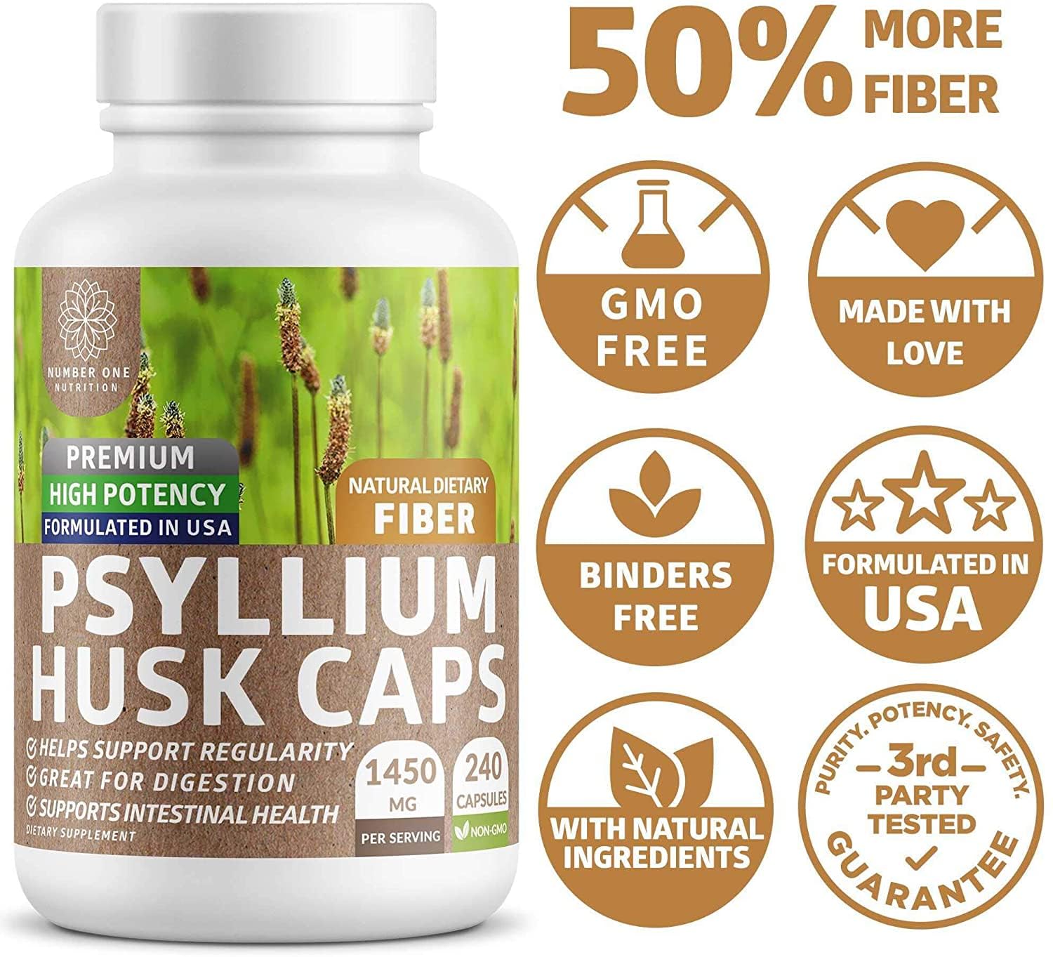 Number One Nutrition N1N cápsulas de psilio, toma diaria para apoyo digestivo