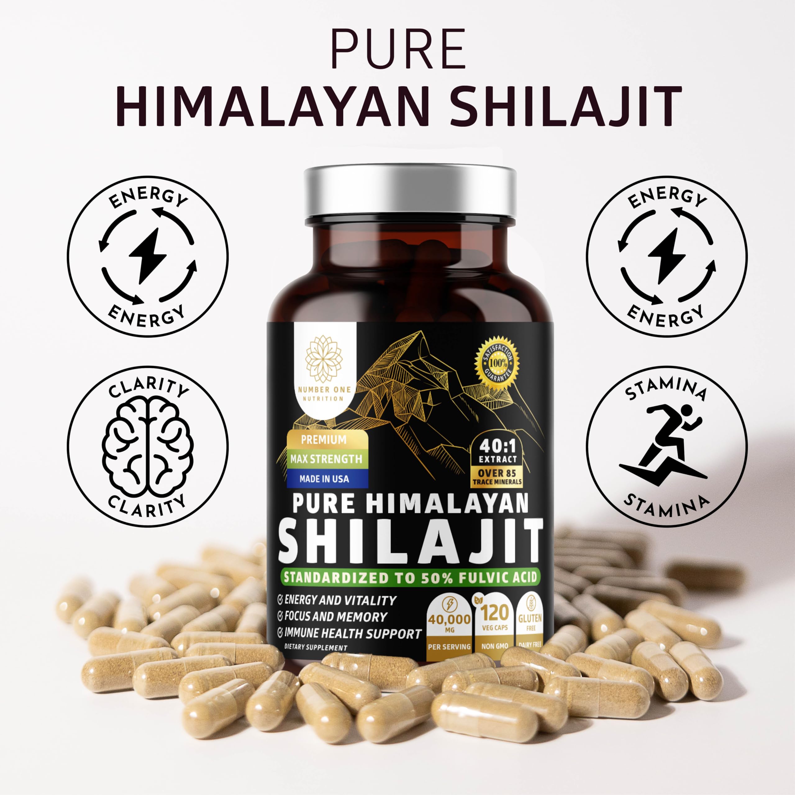 Number One Nutrition Shilajit con 50% ácido fúlvico para claridad mental.