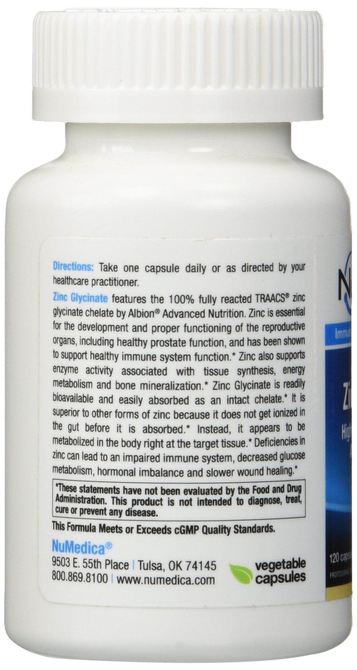 NuMedica Zinc glicinato 20 mg, etiqueta frontal, ayuda a recordar la dosis y calidad.