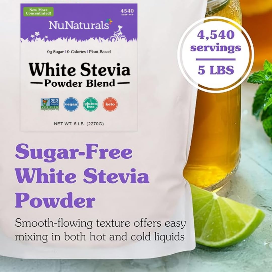 NuNaturals polvo blanco de stevia para limonadas y bebidas frías