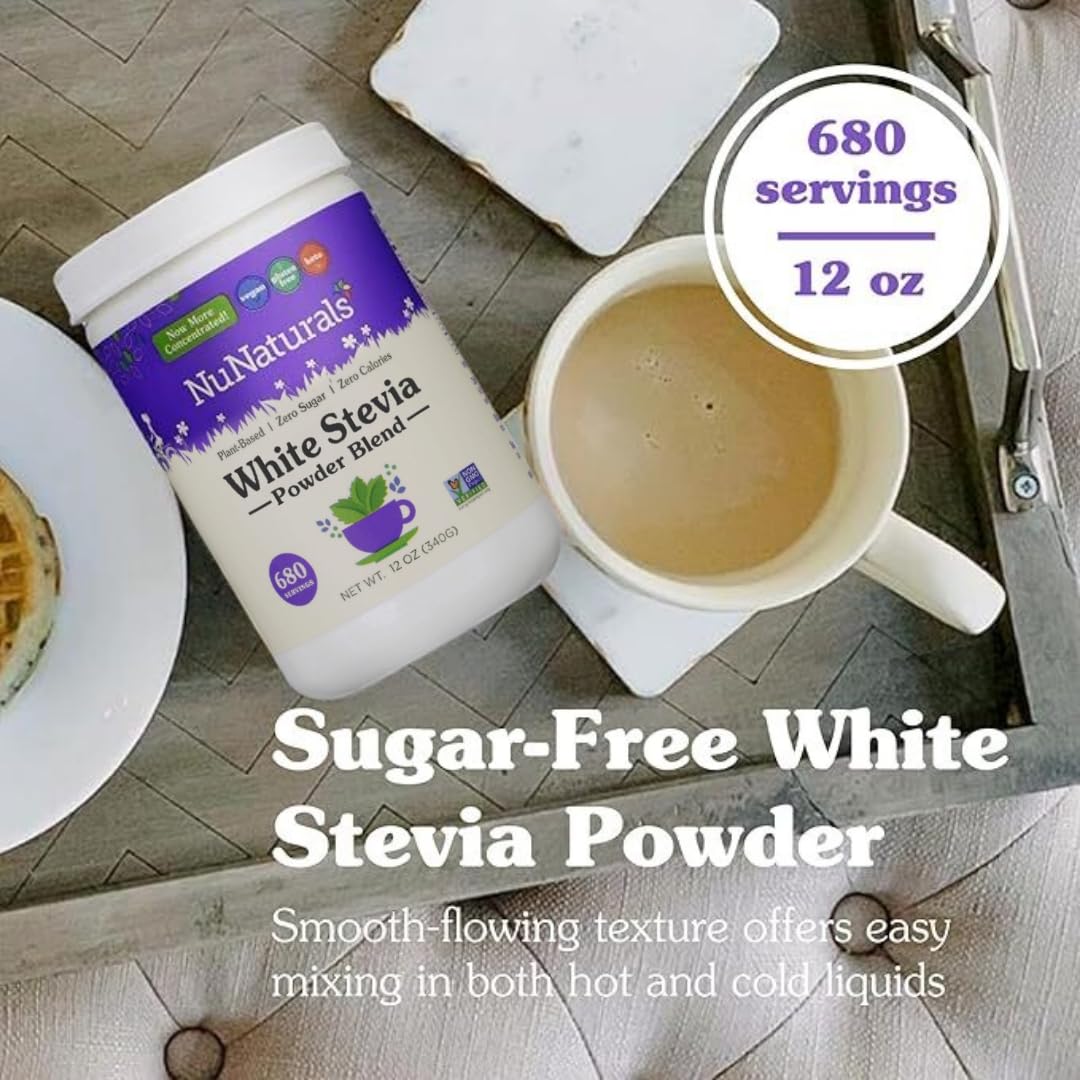 NuNaturals Stevia en polvo blanca, disolución rápida para bebidas frías o calientes