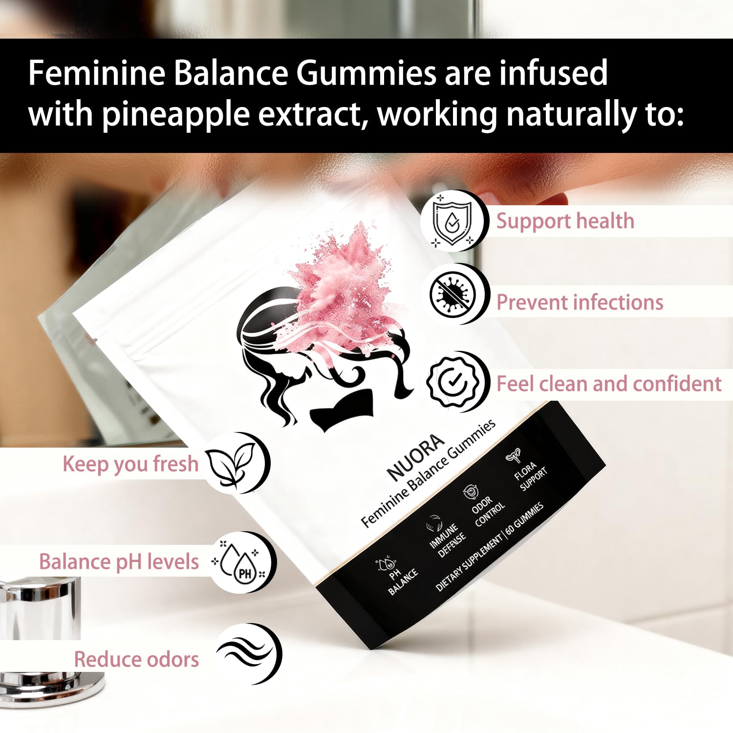 Nuora gomitas equilibrio femenino extracto de piña: aroma suave y balance de pH sugerido.