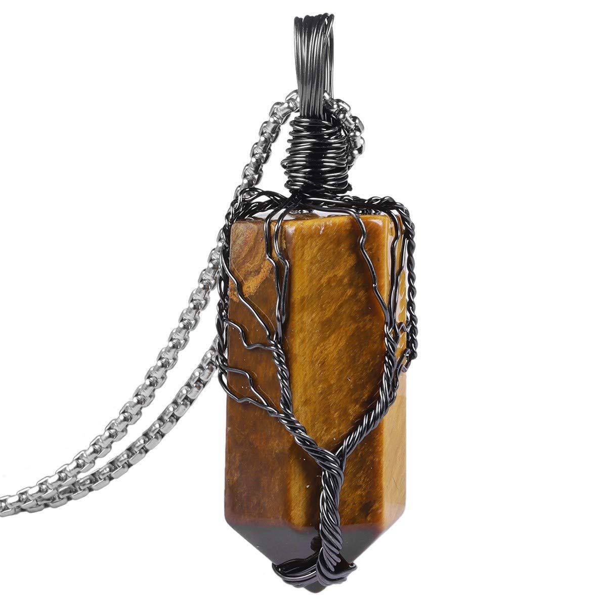 Collar Nupuyai con pendiente de cristal ojo de tigre y punta hexagonal para uso diario.