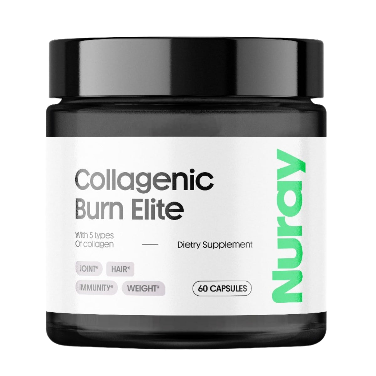 Nuray Collagenic Burn Elite, botella visible para cuidado de belleza desde adentro.