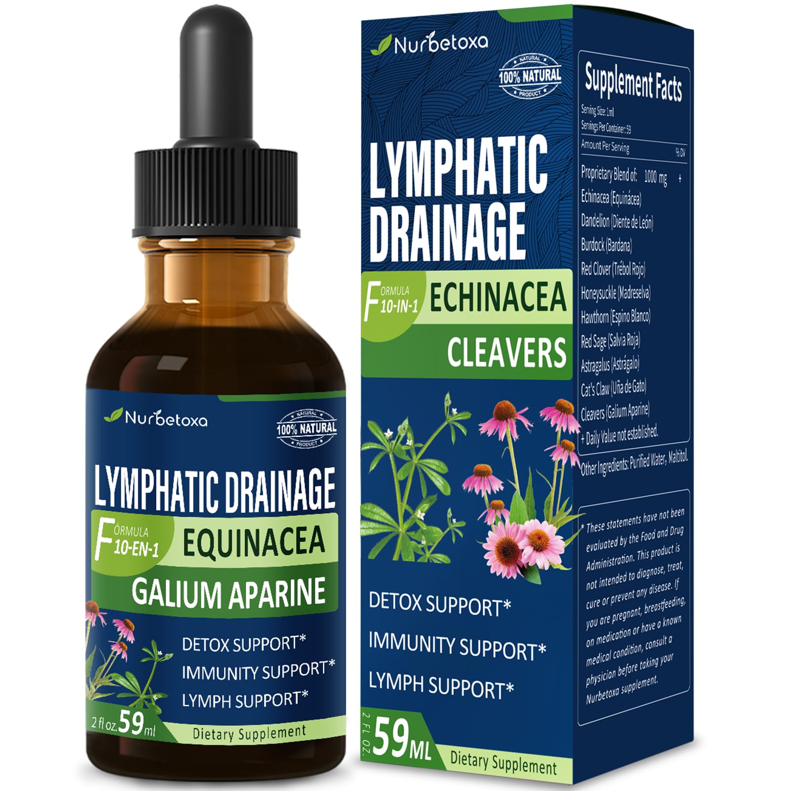 Nurbetoxa botella de 2 oz para drenaje linfático, uso diario.