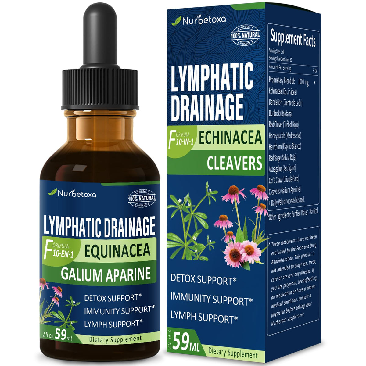 Nurbetoxa botella de 2 oz para drenaje linfático, uso diario.