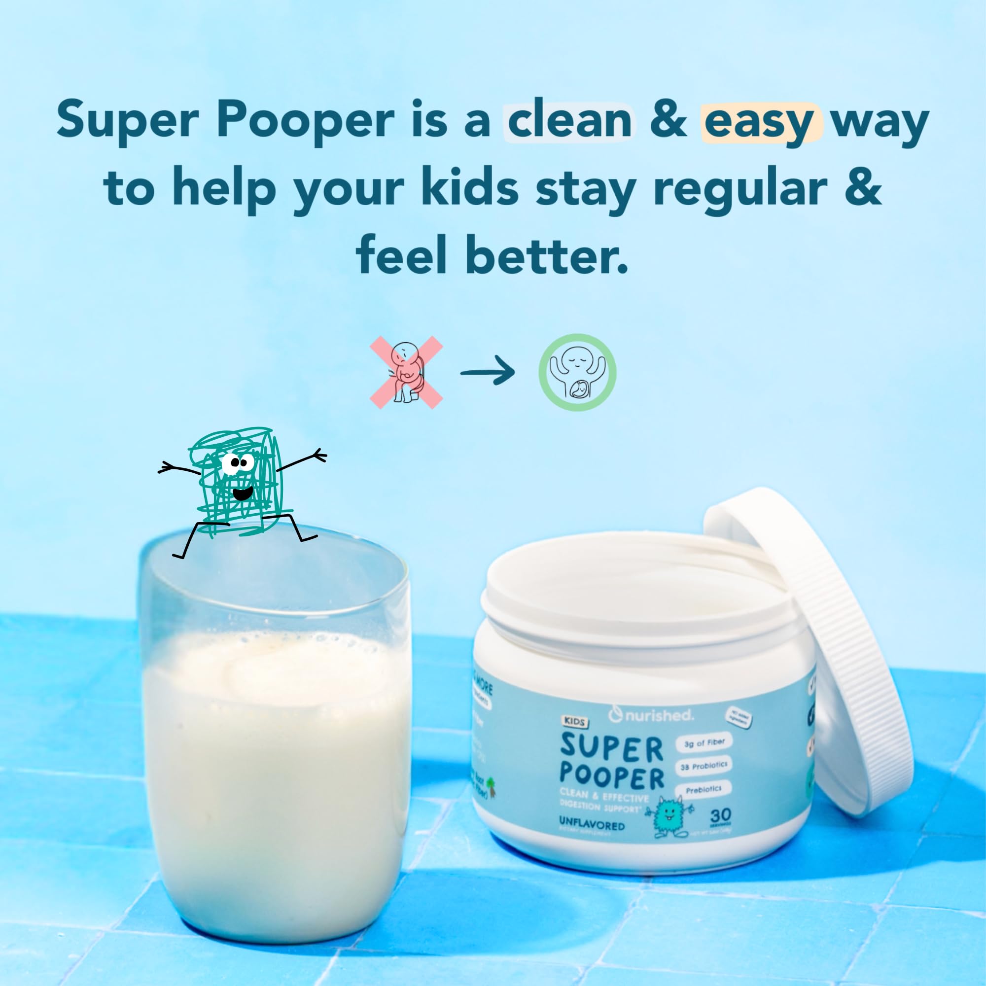 Nurished Super Pooper apoyo diario para molestias digestivas suaves.