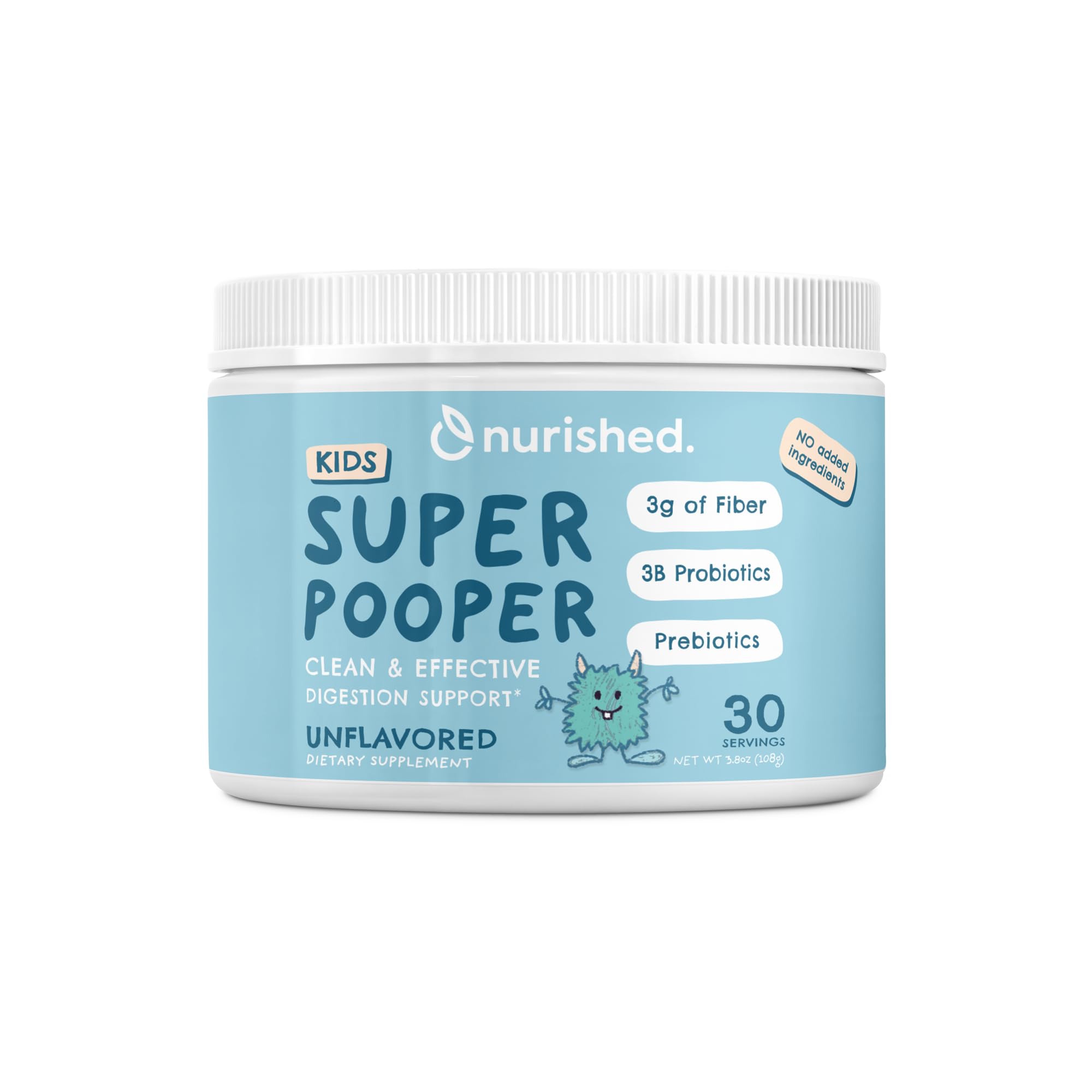 Nurished Super Pooper para niños en bote, fórmula suave para la digestión diaria.